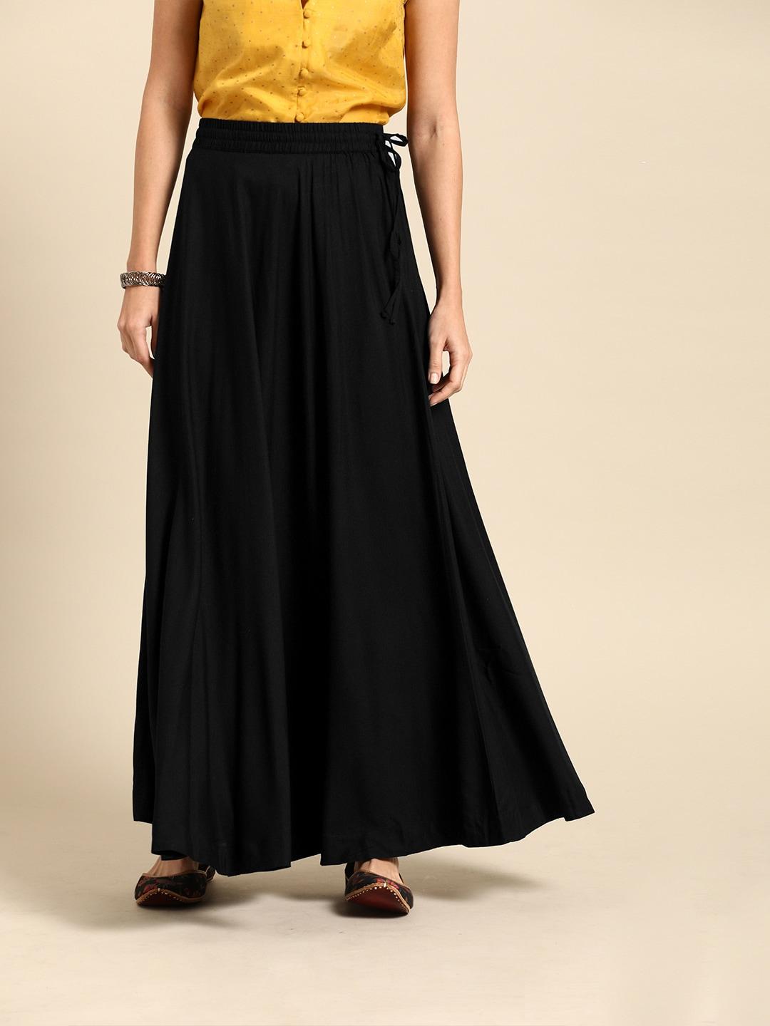 varanga women black solid maxi flared skirt
