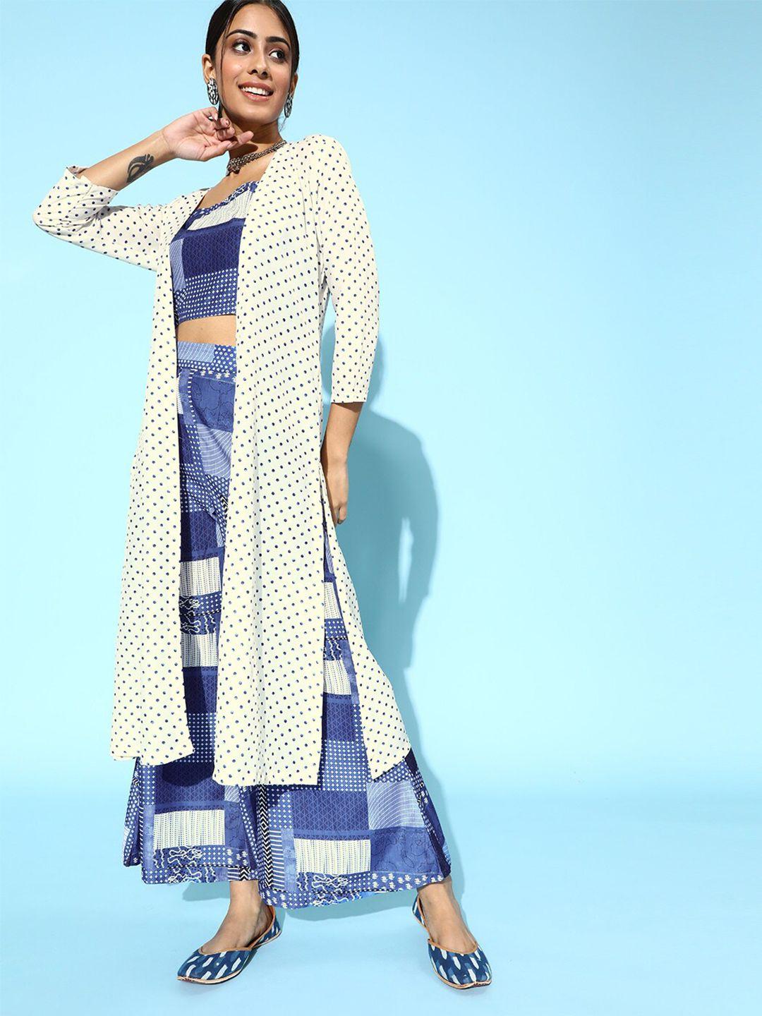 varanga women blue & white printed crop top with palazzos & shrug co-ords