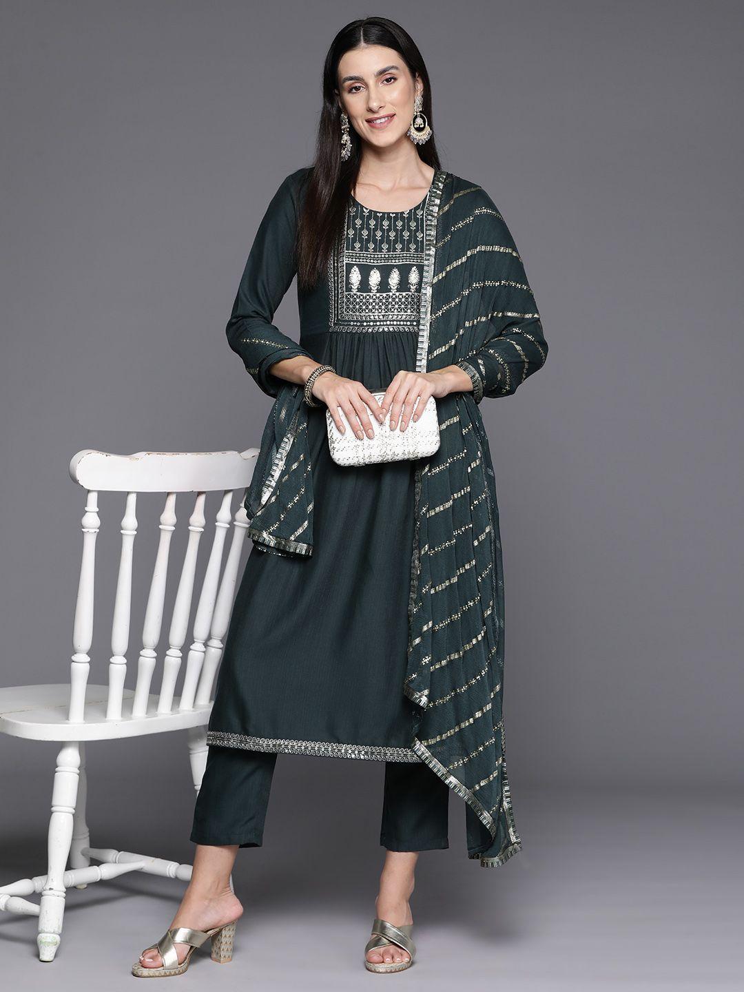 varanga women ethnic motifs yoke design regular sequinned kurta with trousers & dupatta