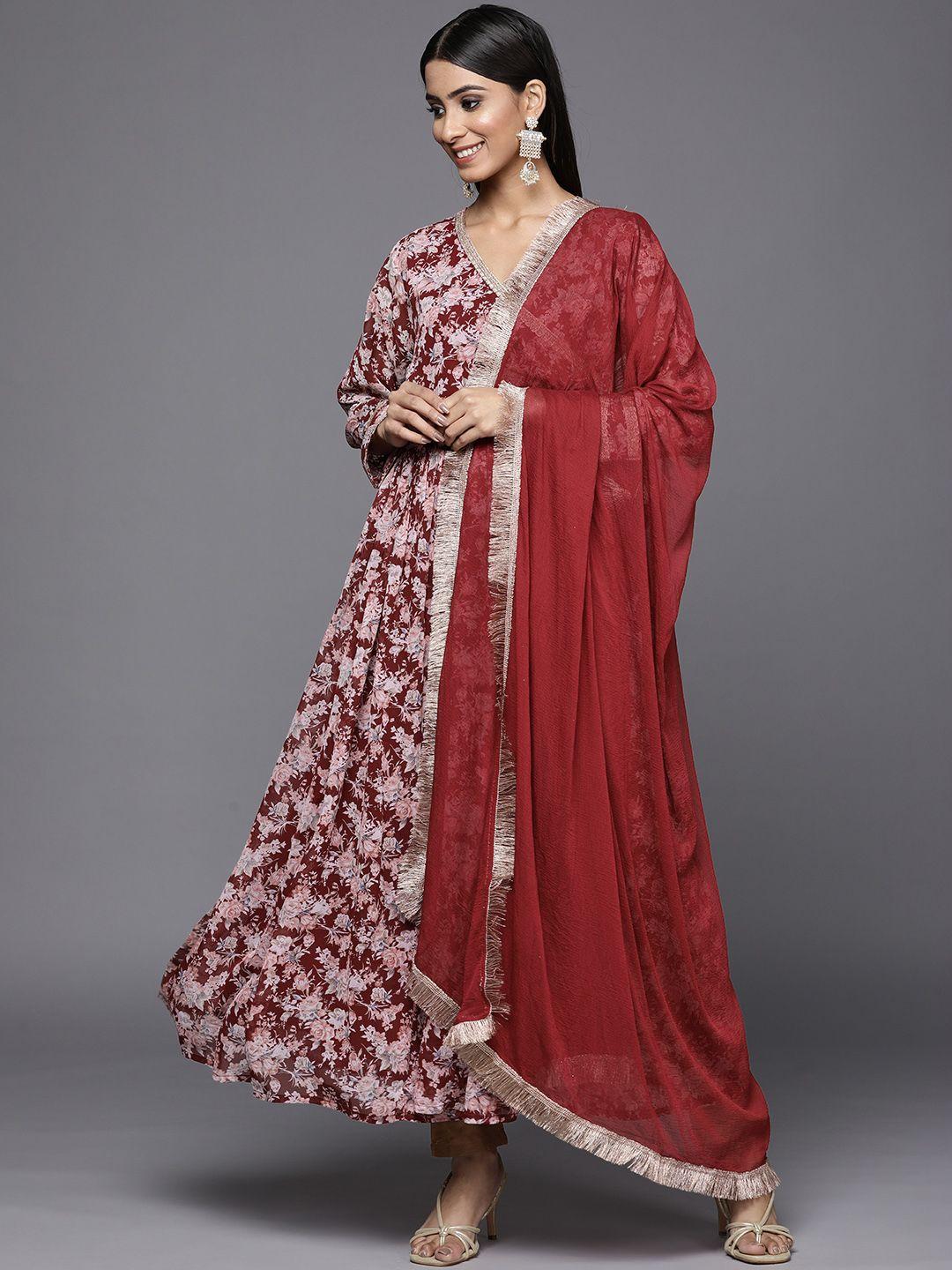 varanga women maroon & pink ethnic motifs printed georgette anarkali kurta