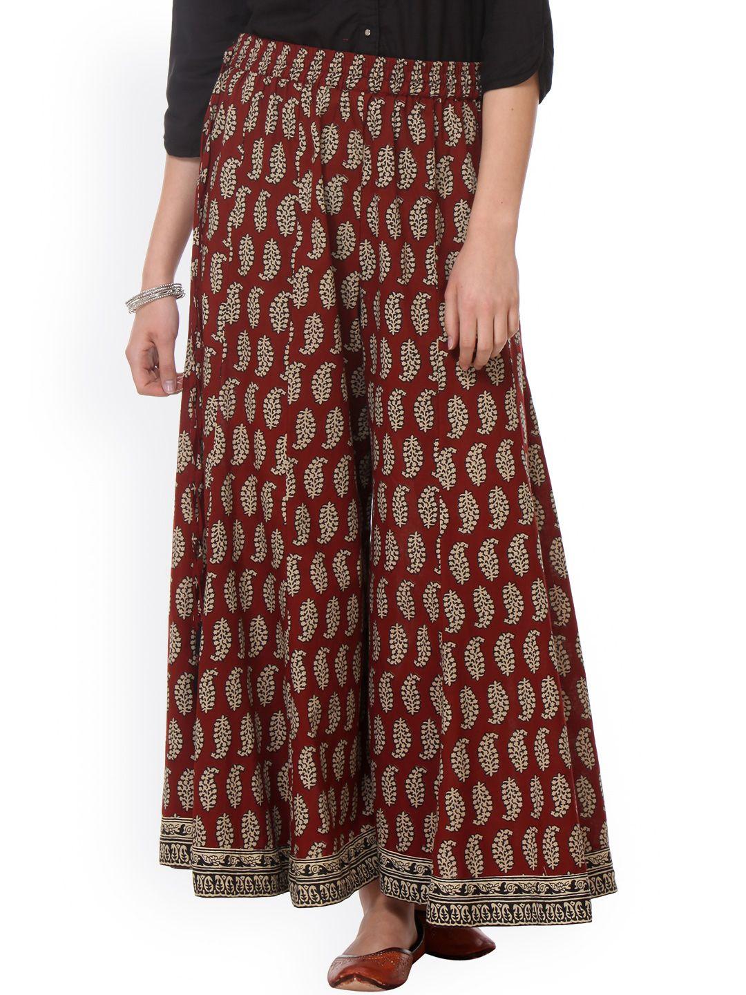 varanga women maroon printed regular fit palazzo trousers