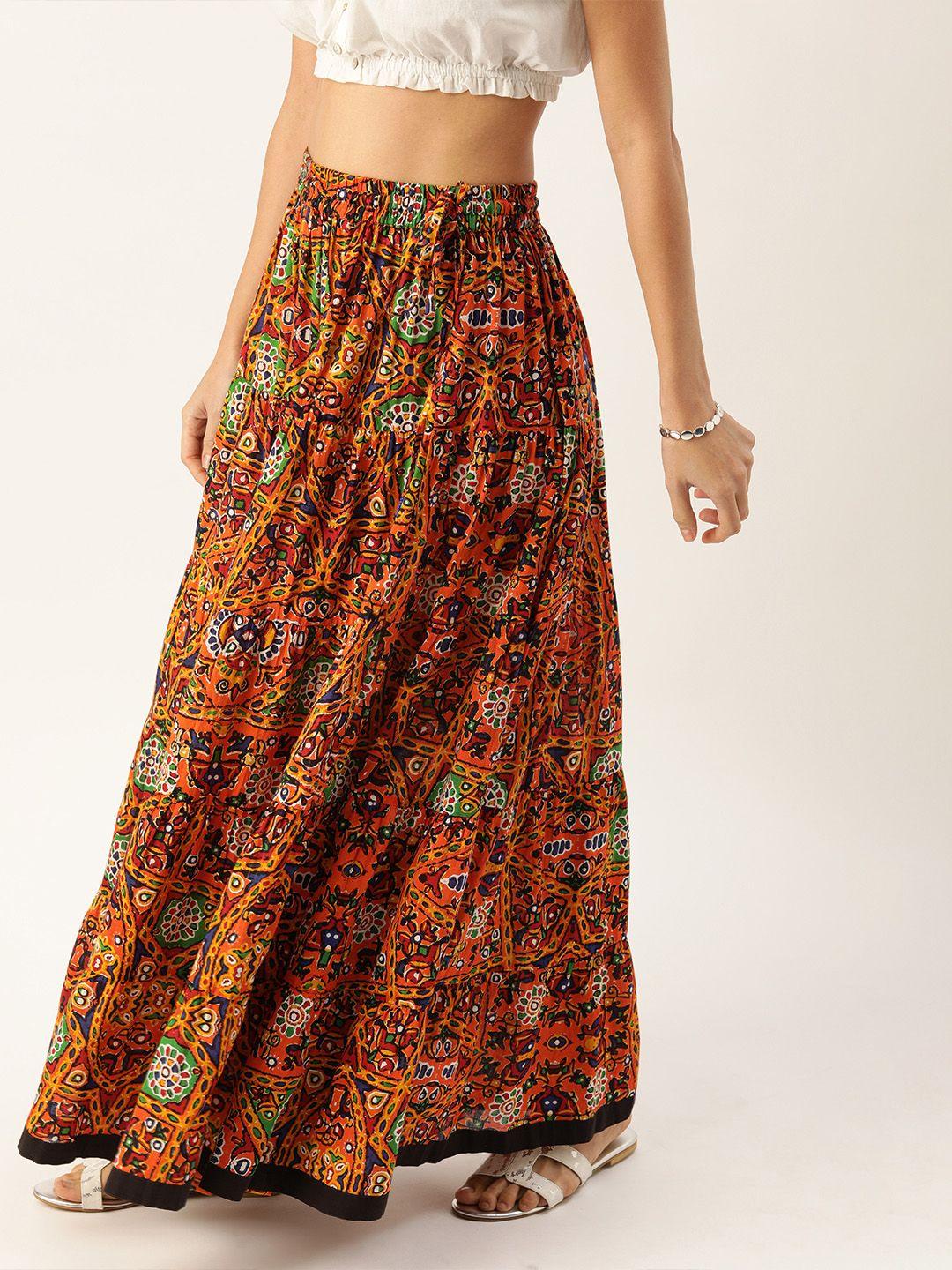 varanga women multi-coloured phulkari printed tiered flared maxi pure cotton skirt