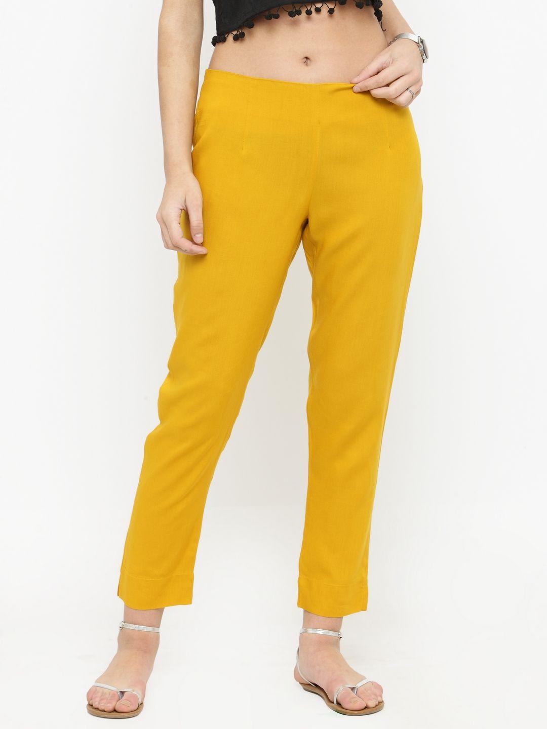 varanga women mustard straight fit solid regular trousers
