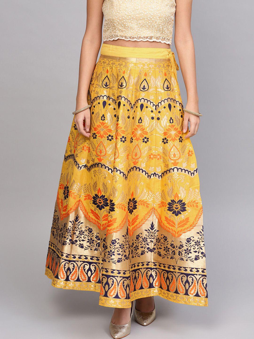 varanga women mustard yellow & navy blue woven design flared maxi skirt