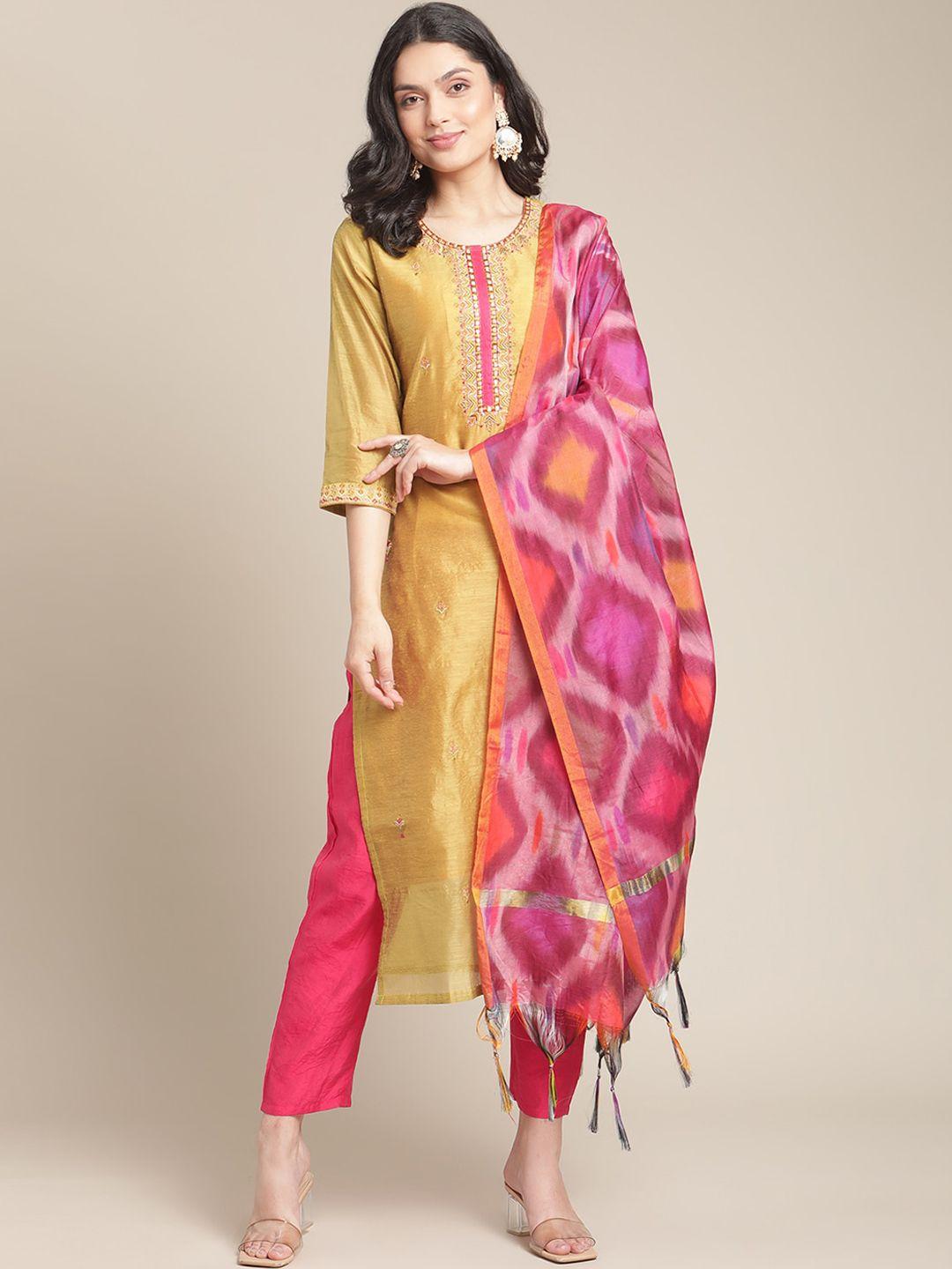 varanga women mustard yellow & pink chanderi cotton kurta & trousers with dupatta