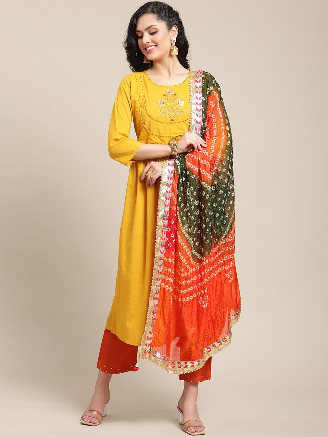 varanga women mustard yellow embroidered pure cotton anarkali kurta with bandhani dupatta