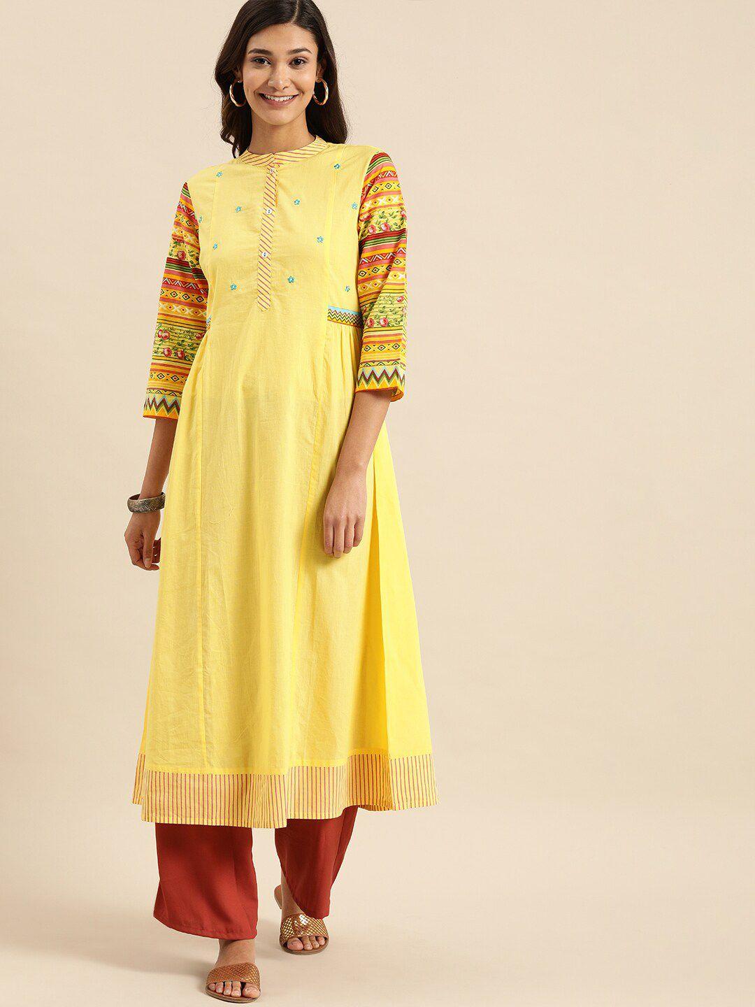 varanga women mustard yellow ethnic motifs cotton anarkali kurta