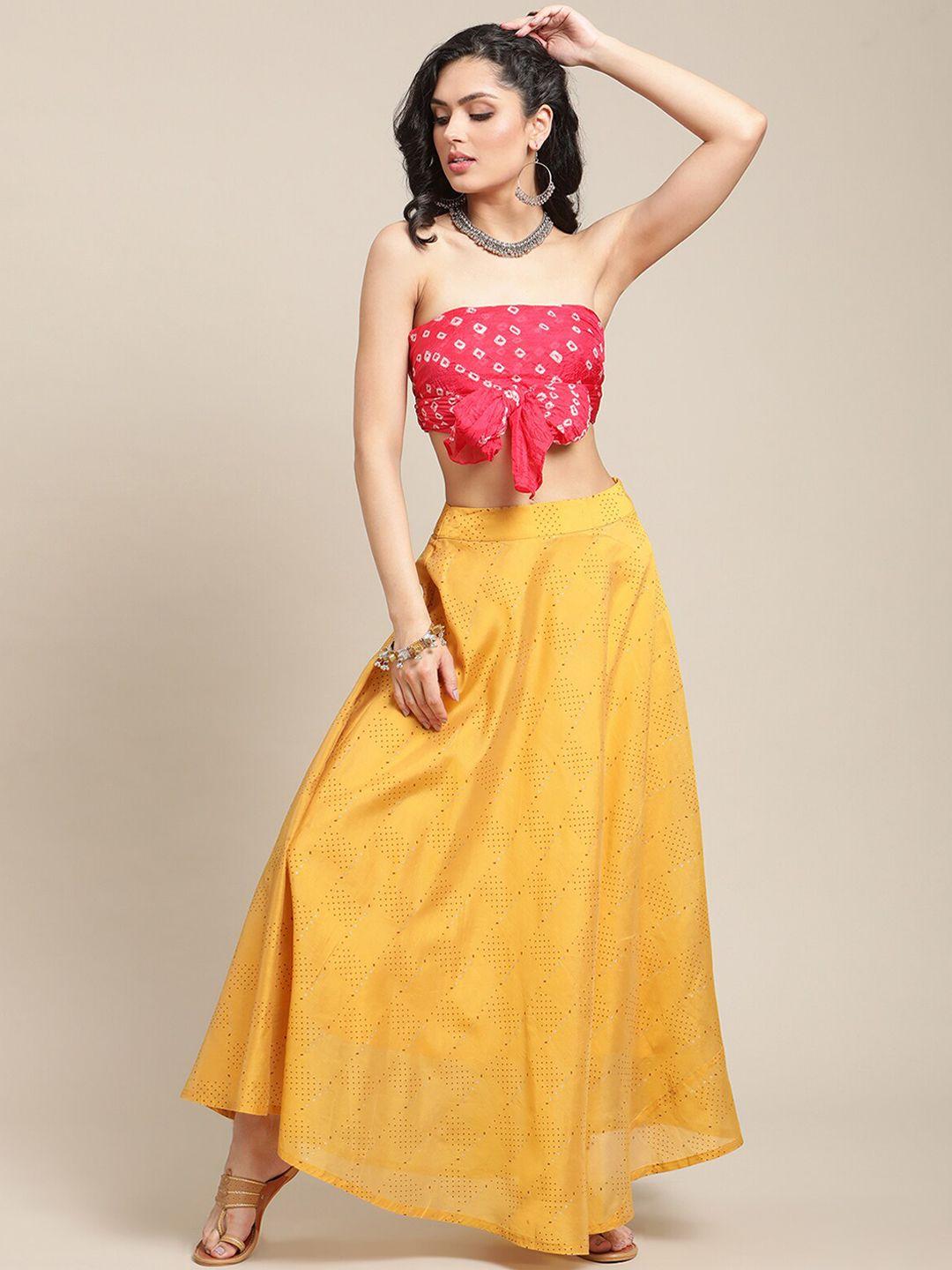 varanga women mustard yellow printed pure silk flared maxi-skirt