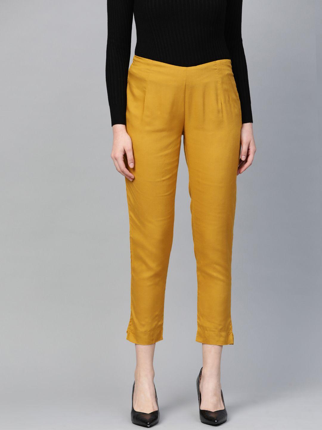 varanga women mustard yellow regular fit solid cropped trousers