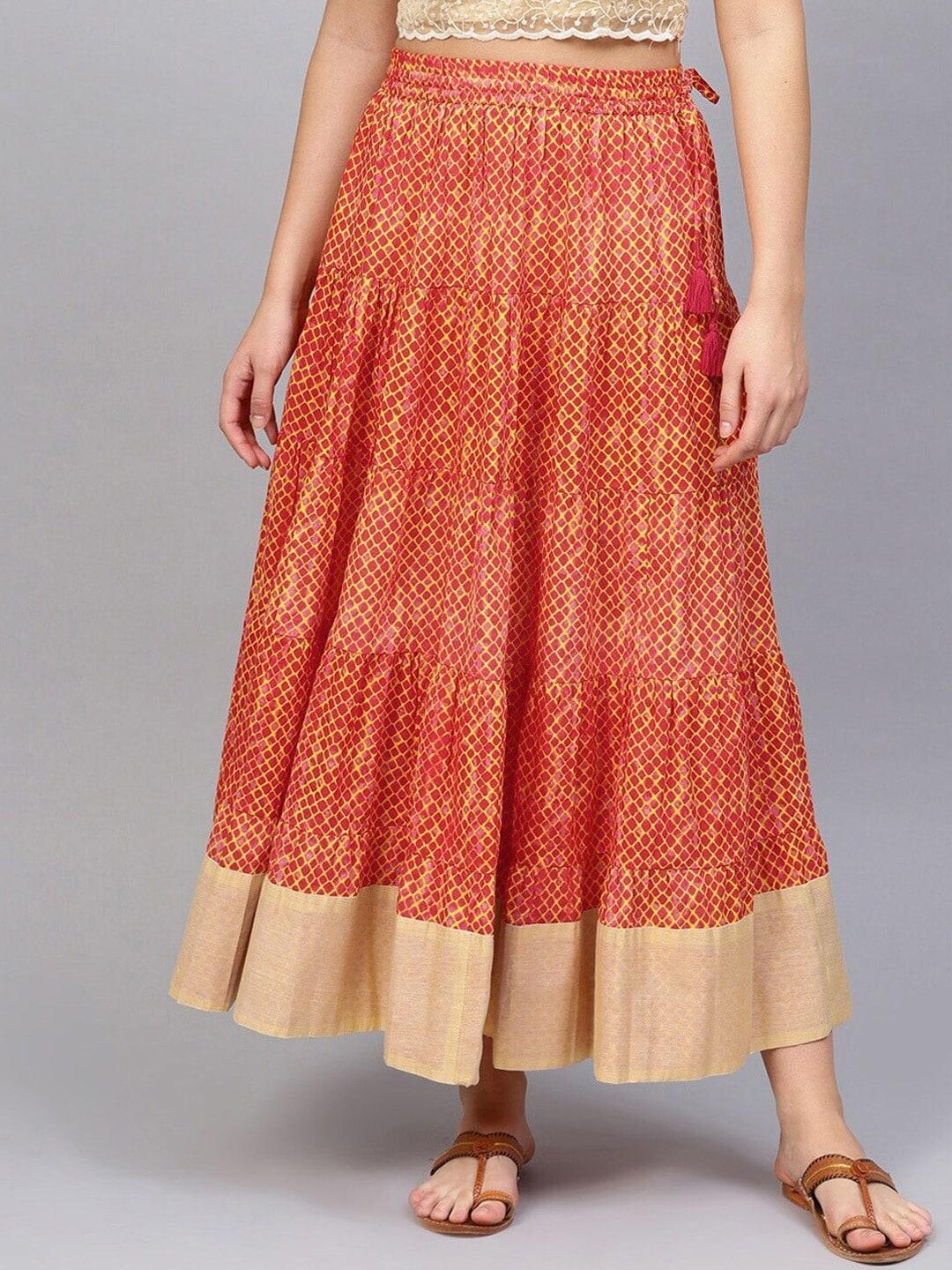 varanga women orange printed pure cotton tiered maxi skirts
