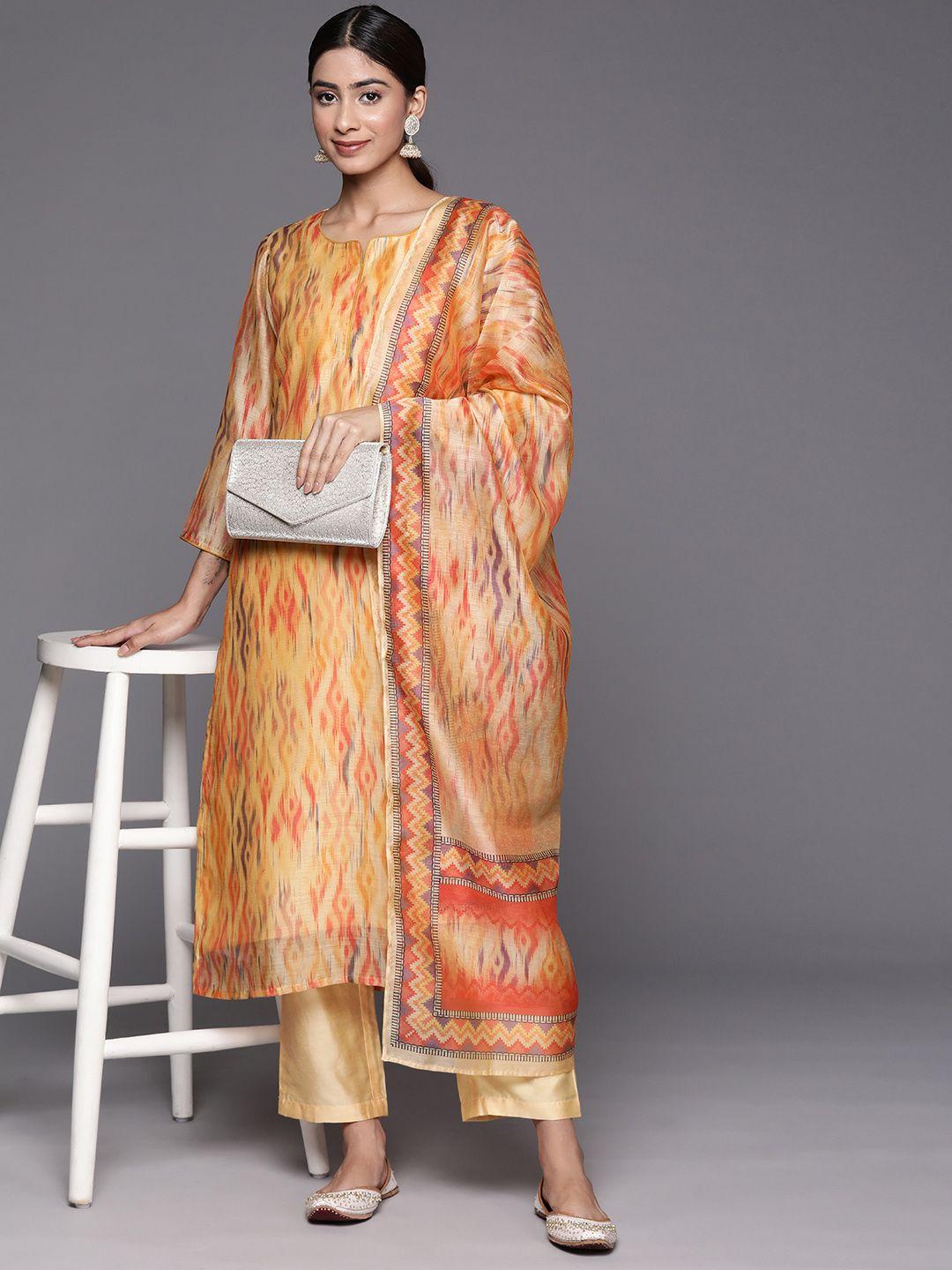 varanga women printed regular chanderi silk kurta with trousers & with dupatta