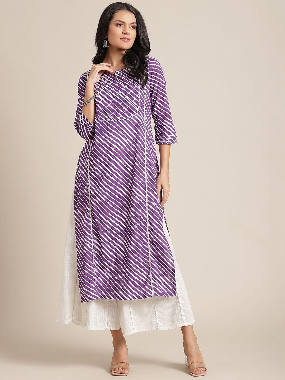 varanga women purple & off white leheriya striped gotta patti kurta