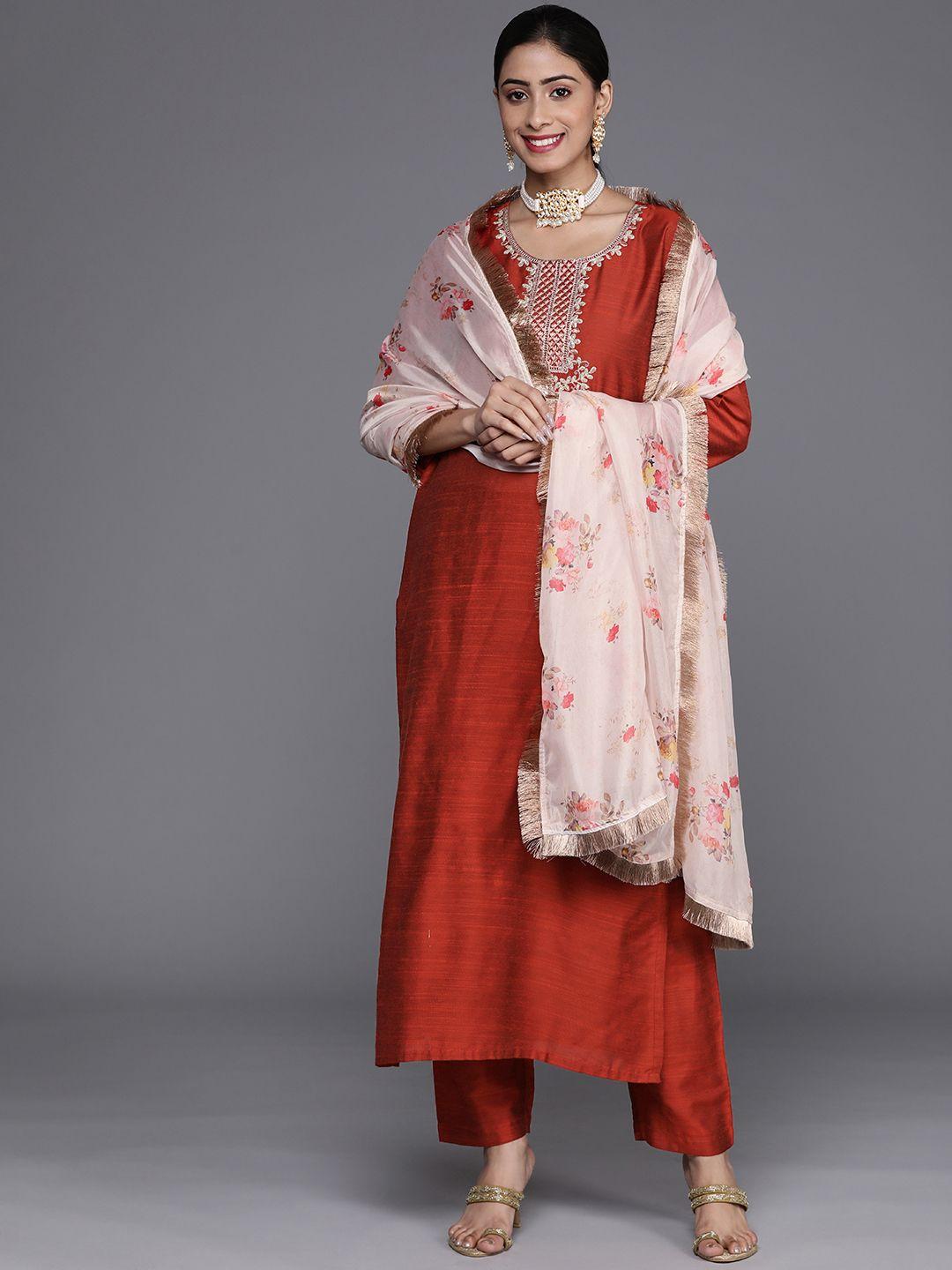 varanga women rust ethnic motifs embroidered dupion silk kurta with trousers & with dupatta