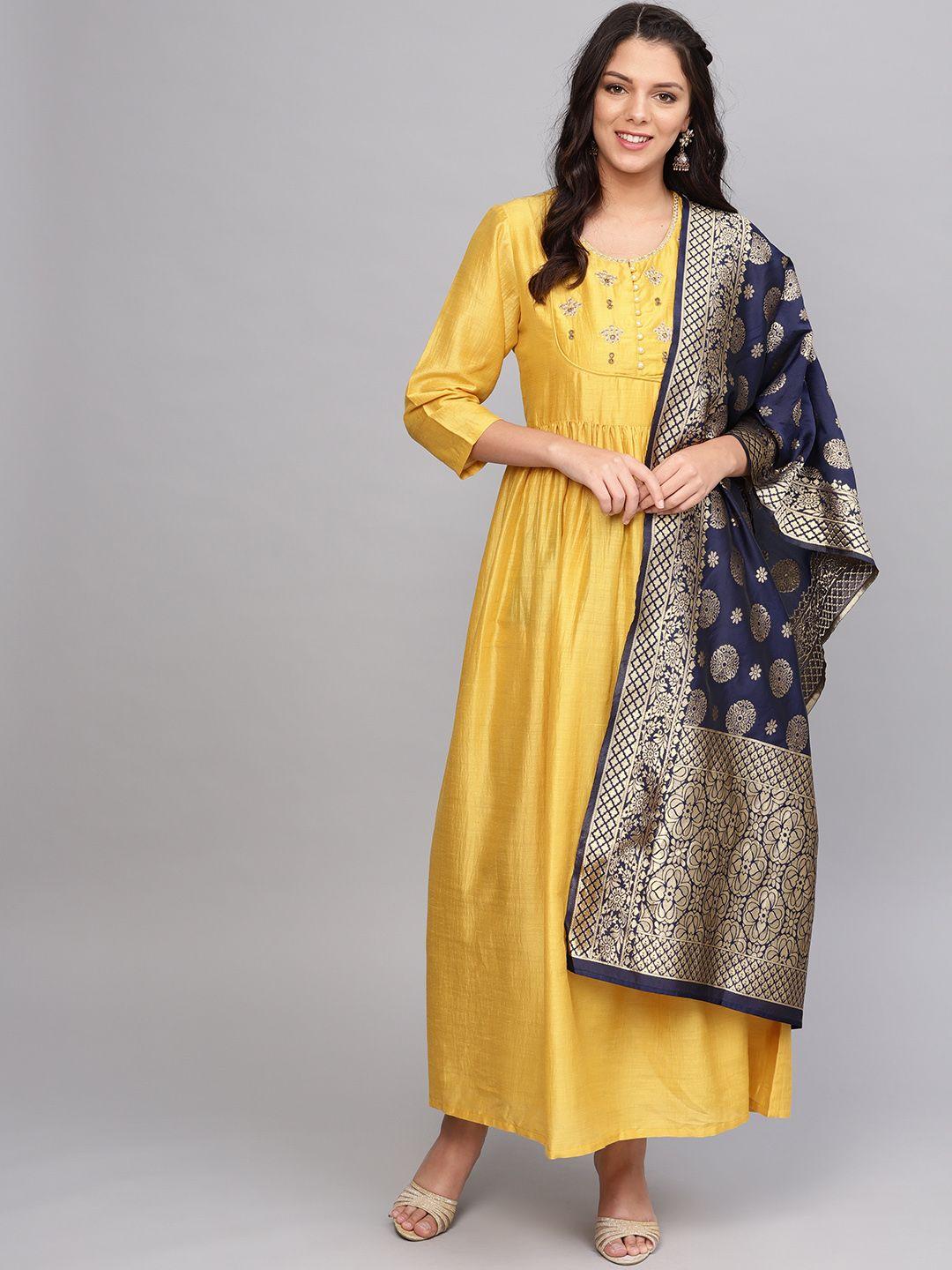 varanga women solid mustard yellow maxi dress with banarasi dupatta