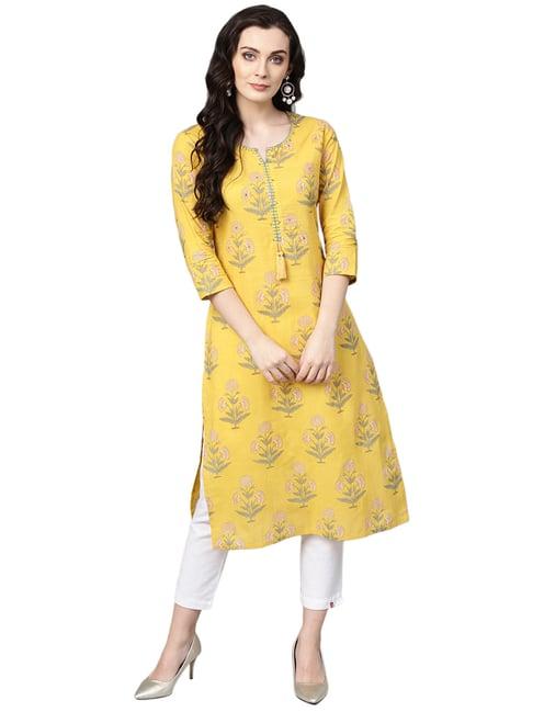 varanga yellow cotton floral print straight kurti
