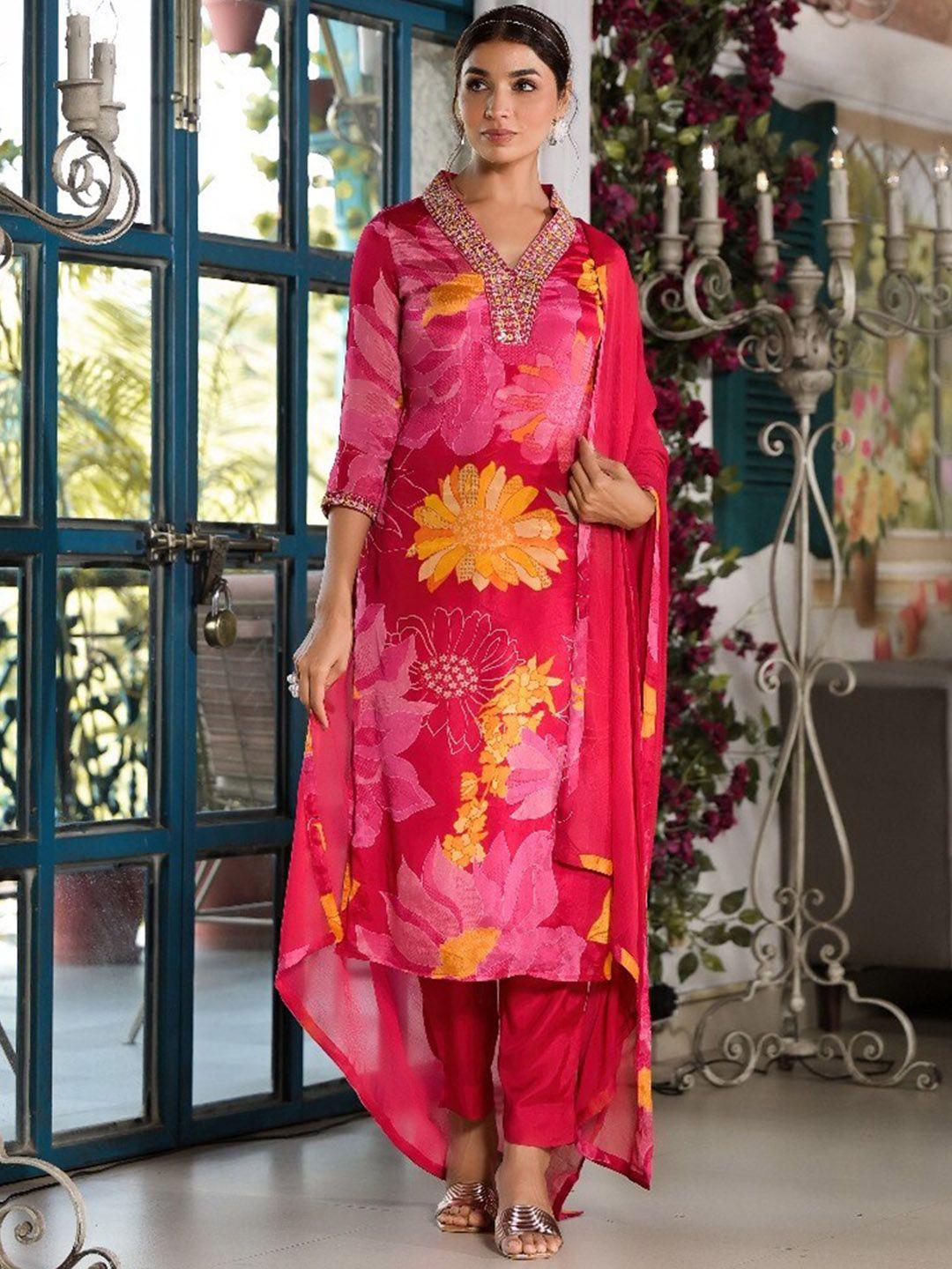 varanga  floral printed v-neck mirror work kurta with trousers & dupatta