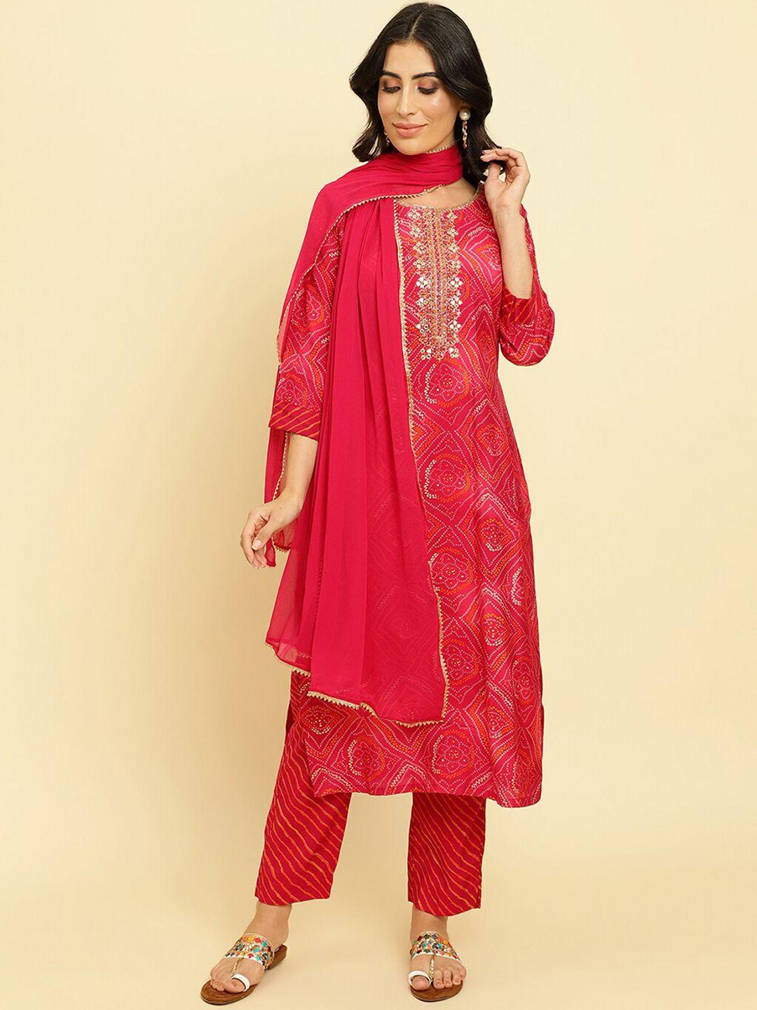 varanga bandhani printed beads & stones kurta with trousers & dupatta