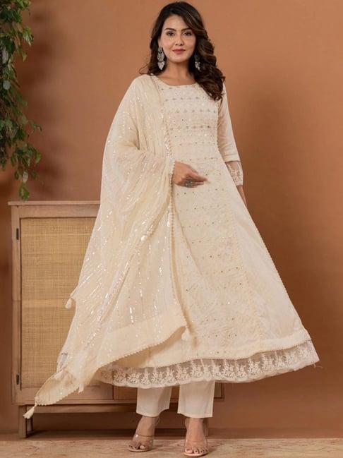 varanga beige cotton embroidered kurta pant set with dupatta