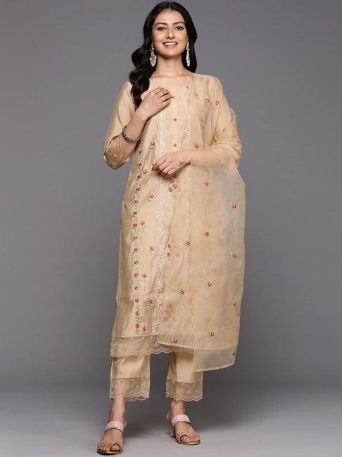 varanga beige embroidered kurta pant set with dupatta