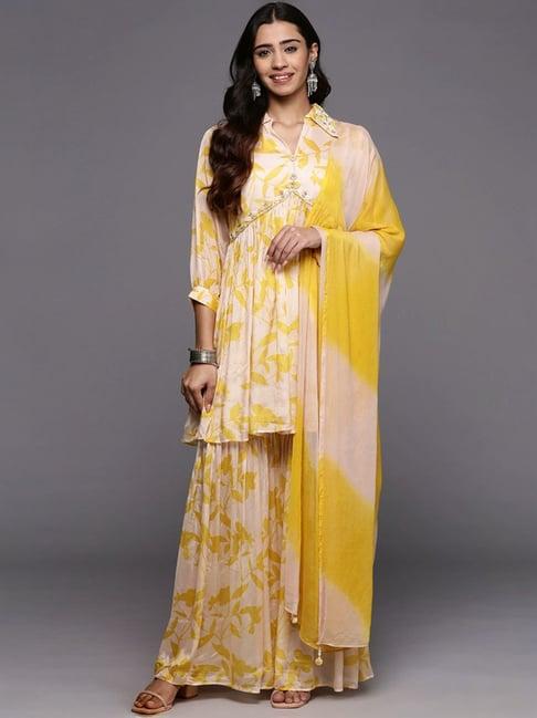 varanga beige floral print kurti sharara set with dupatta