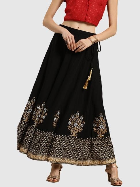 varanga black & golden floral print skirt