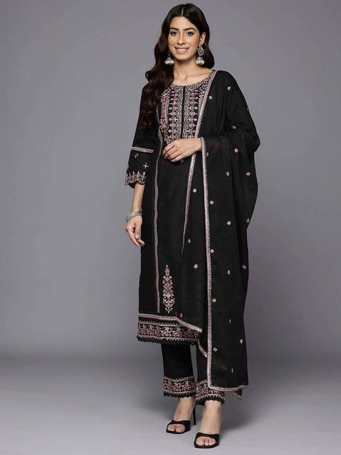 varanga black cotton embroidered kurta & pant set with dupatta