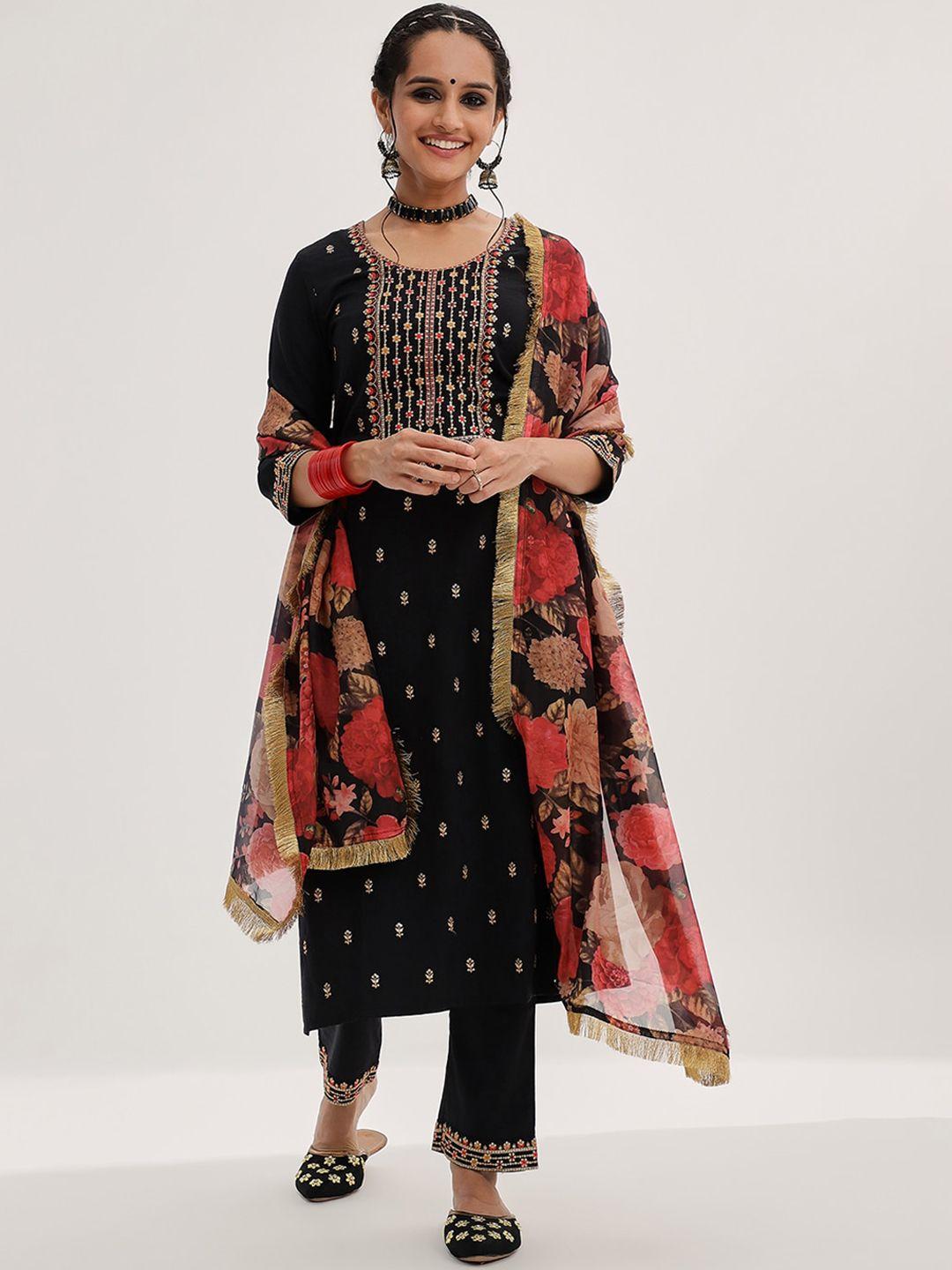 varanga black ethnic motifs embroidered sequinned straight kurta & trousers with dupatta