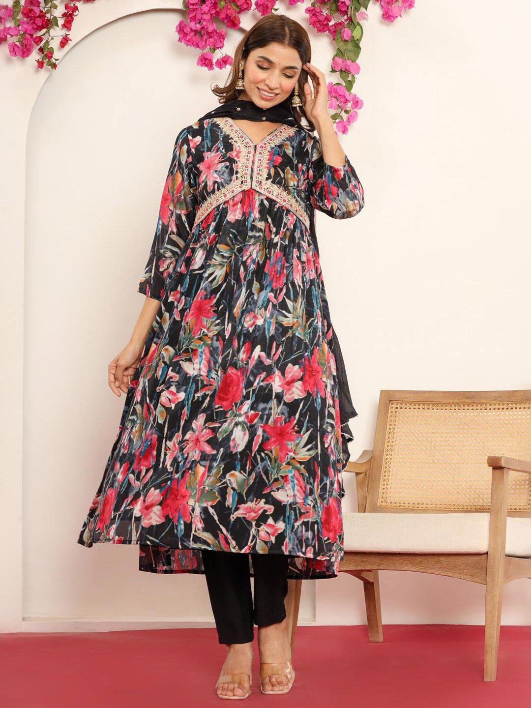 varanga black gotta patti floral embroidered v-neck empire kurta with trousers & dupatta