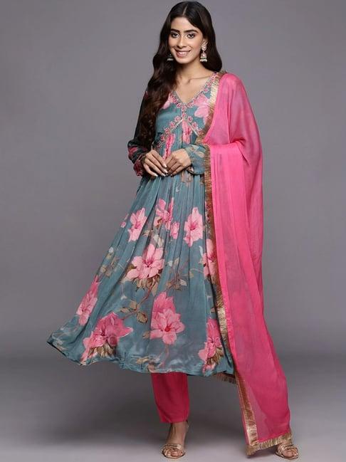 varanga blue & pink floral print kurta pant set with dupatta