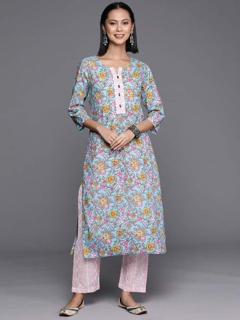 varanga blue & white cotton printed kurta pant set