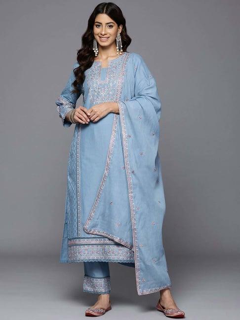 varanga blue cotton embroidered kurta & pant set with dupatta