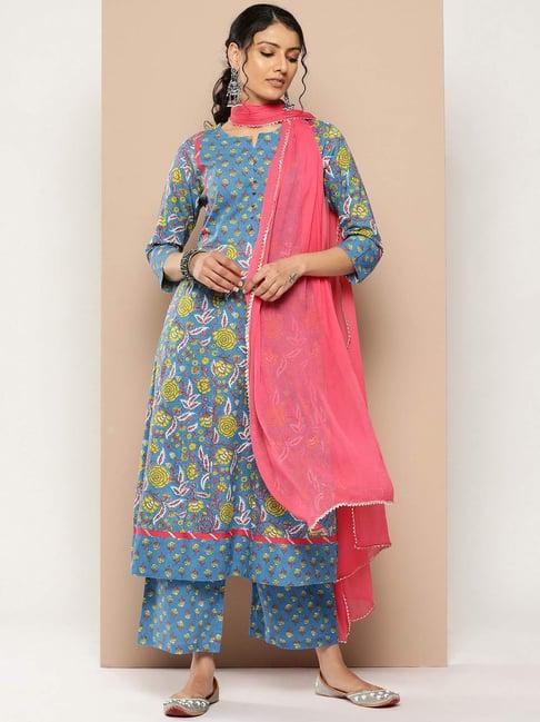 varanga blue cotton floral print kurta pant set with dupatta