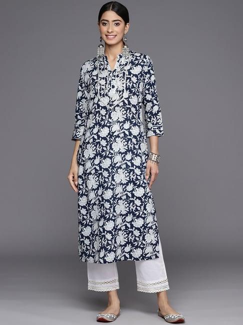 varanga blue cotton floral print straight kurta