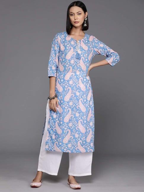 varanga blue cotton floral print straight kurta