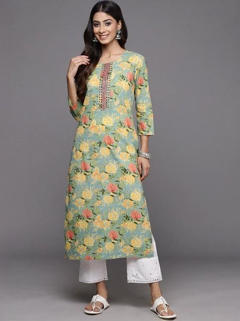 varanga blue cotton floral print straight kurta