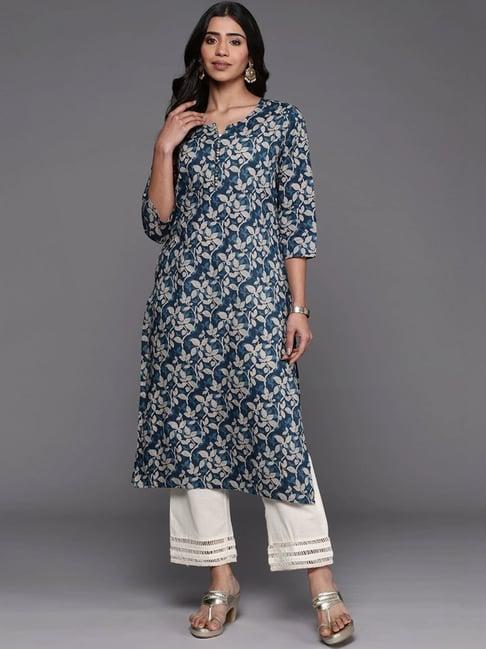 varanga blue cotton floral print straight kurta