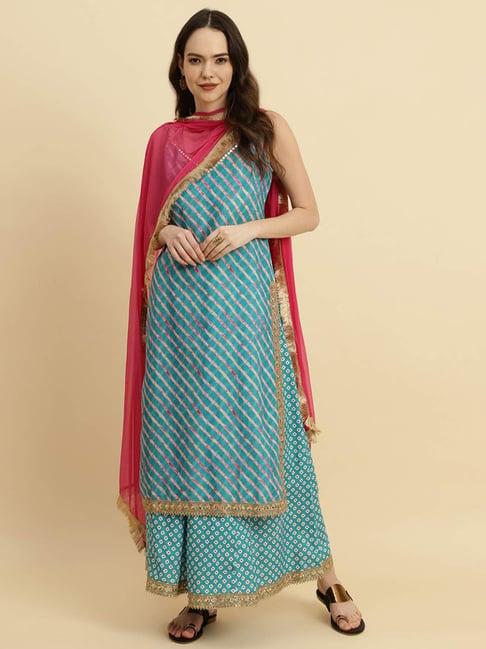 varanga blue cotton printed kurta palazzo set with dupatta