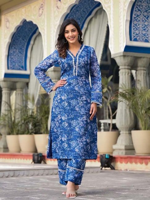varanga blue cotton printed kurta palazzo set