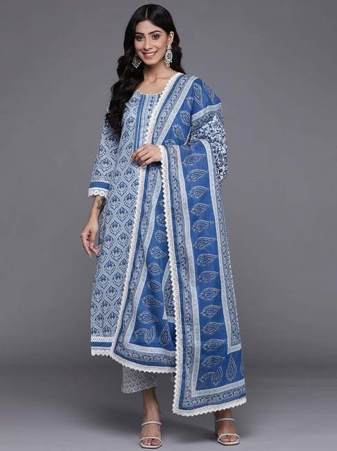 varanga blue cotton printed kurta pant set with dupatta
