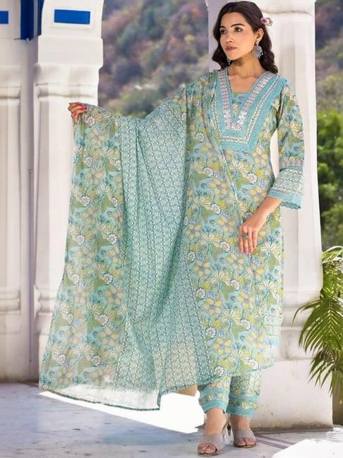 varanga blue cotton printed kurta pant set with dupatta