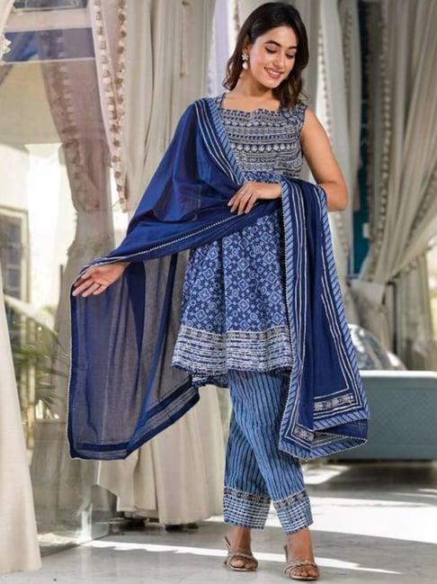 varanga blue cotton printed kurti pant set with dupatta