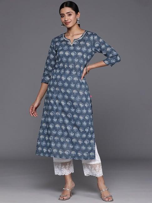 varanga blue cotton printed straight kurta