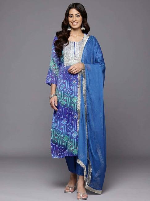 varanga blue embroidered kurta & pant set with dupatta