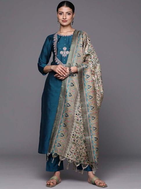 varanga blue embroidered kurta pant set with dupatta