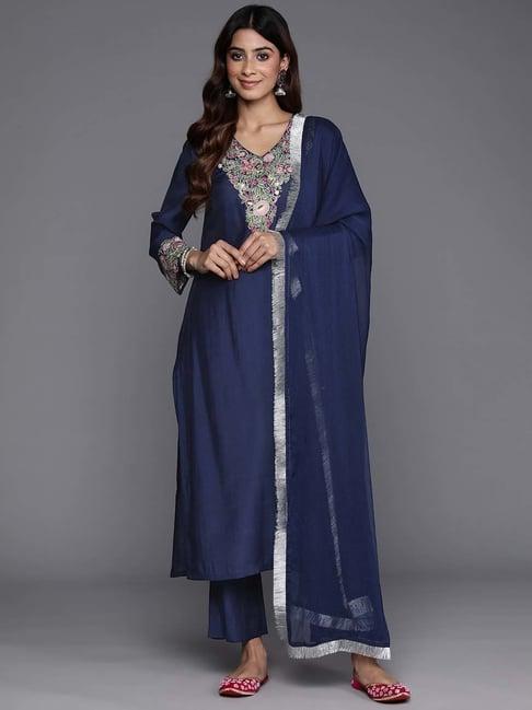 varanga blue embroidered kurta pant set with dupatta