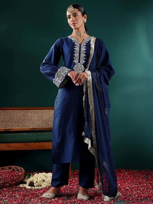 varanga blue embroidered kurta pant set with dupatta