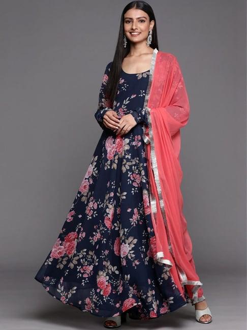 varanga blue floral print anarkali kurta with dupatta