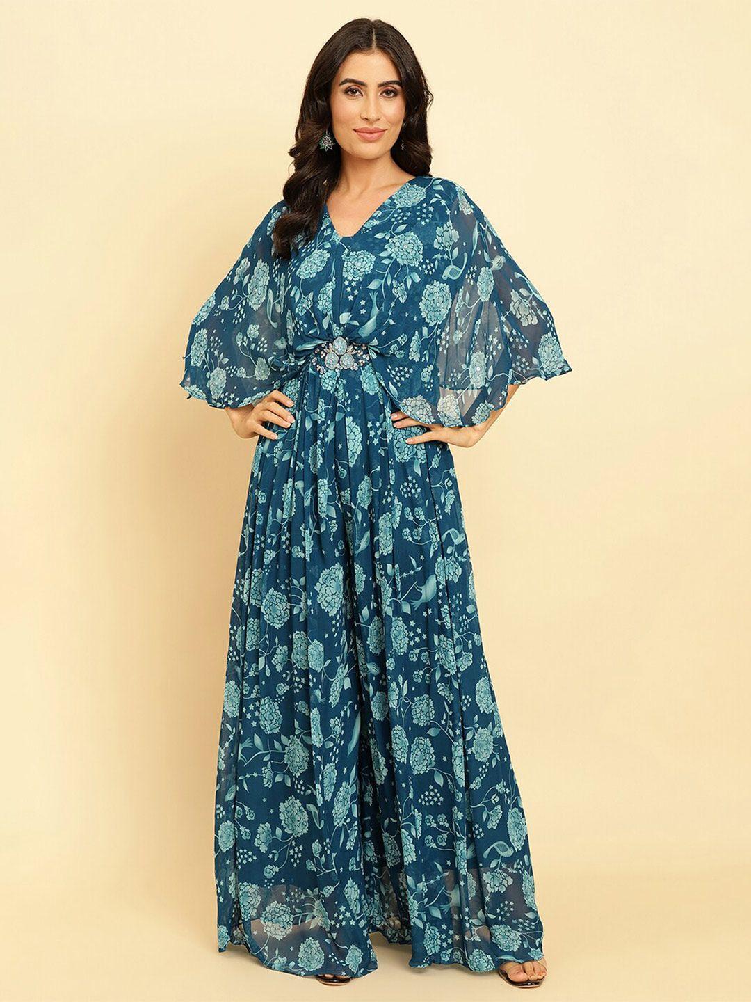 varanga blue floral print cape sleeve georgette maxi dress