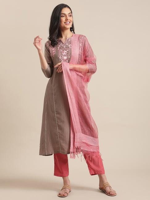 varanga brown & coral embroidered kurta pant set with dupatta