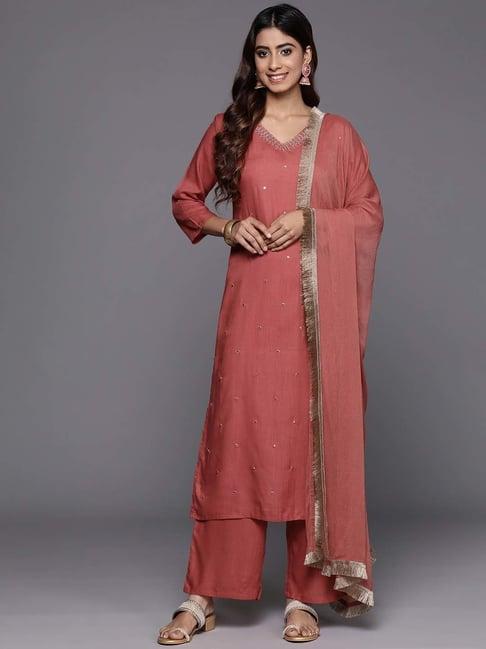 varanga brown embellished kurta palazzo set with dupatta